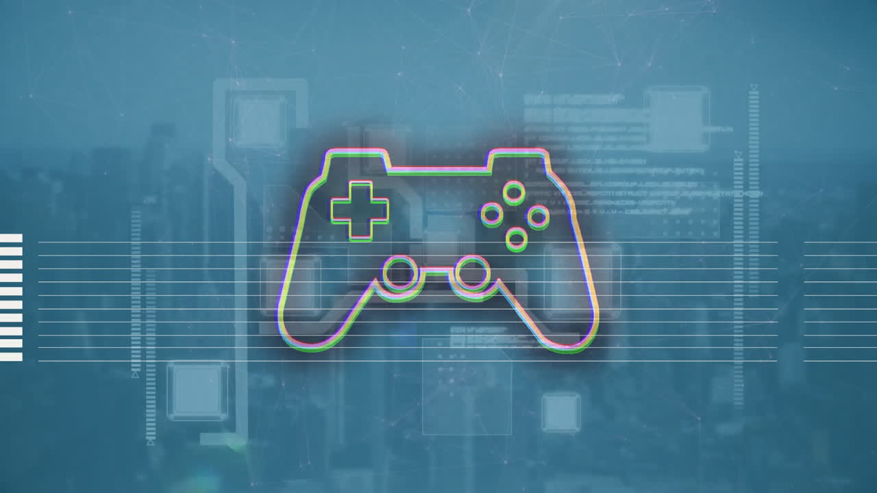 Game controller icon animation over digital cityscape background with data elements