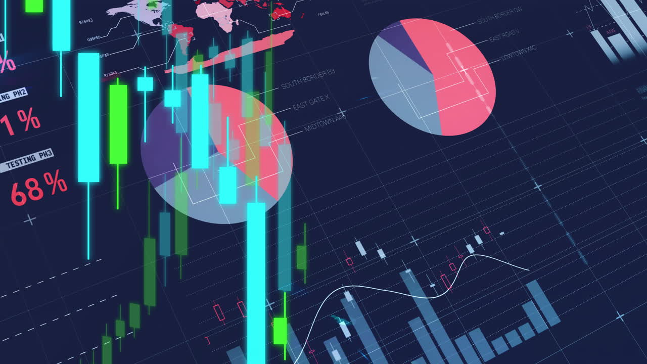 Financial data charts and graphs animation over global stock market analysis