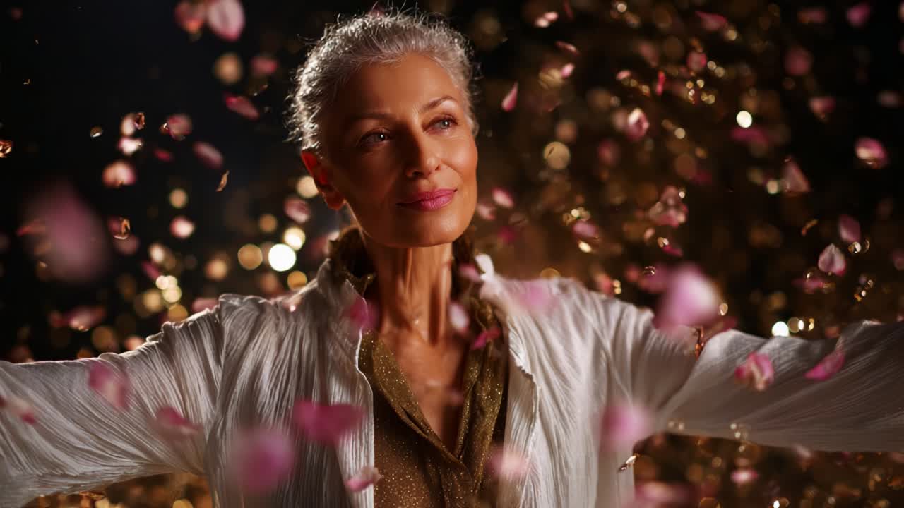 A Graceful Woman Embracing Life and Beauty Surrounded by Delicate Petals and Shimmering Light, Capturing the Essence of Joy, Serenity, and Timeless Elegance in a Mesmerizing Moment of Bliss