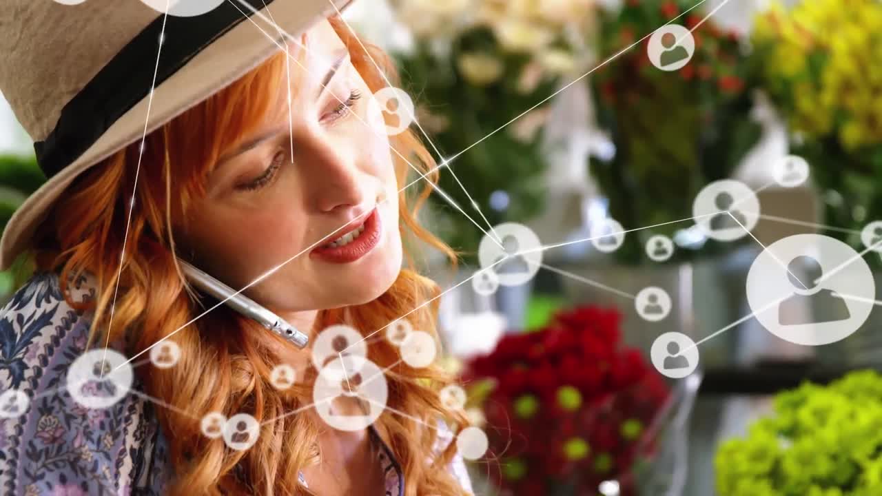 전화 통화를 하는 백인 여성에 대한 연결의 애니메이션