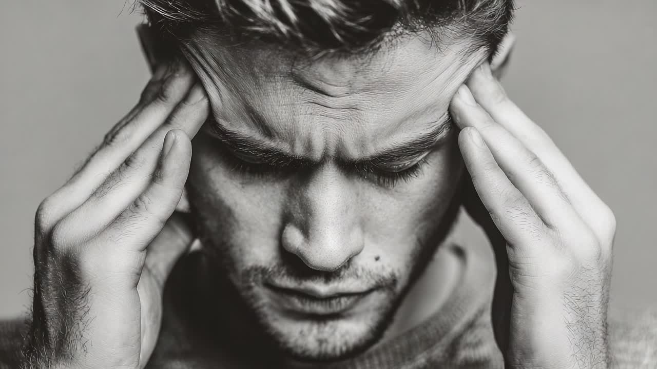 A Young Man Expressing Distress: Capturing the Intensity of Mental Struggles and Emotional Turmoil in a Thoughtful Black-and-White Close-Up