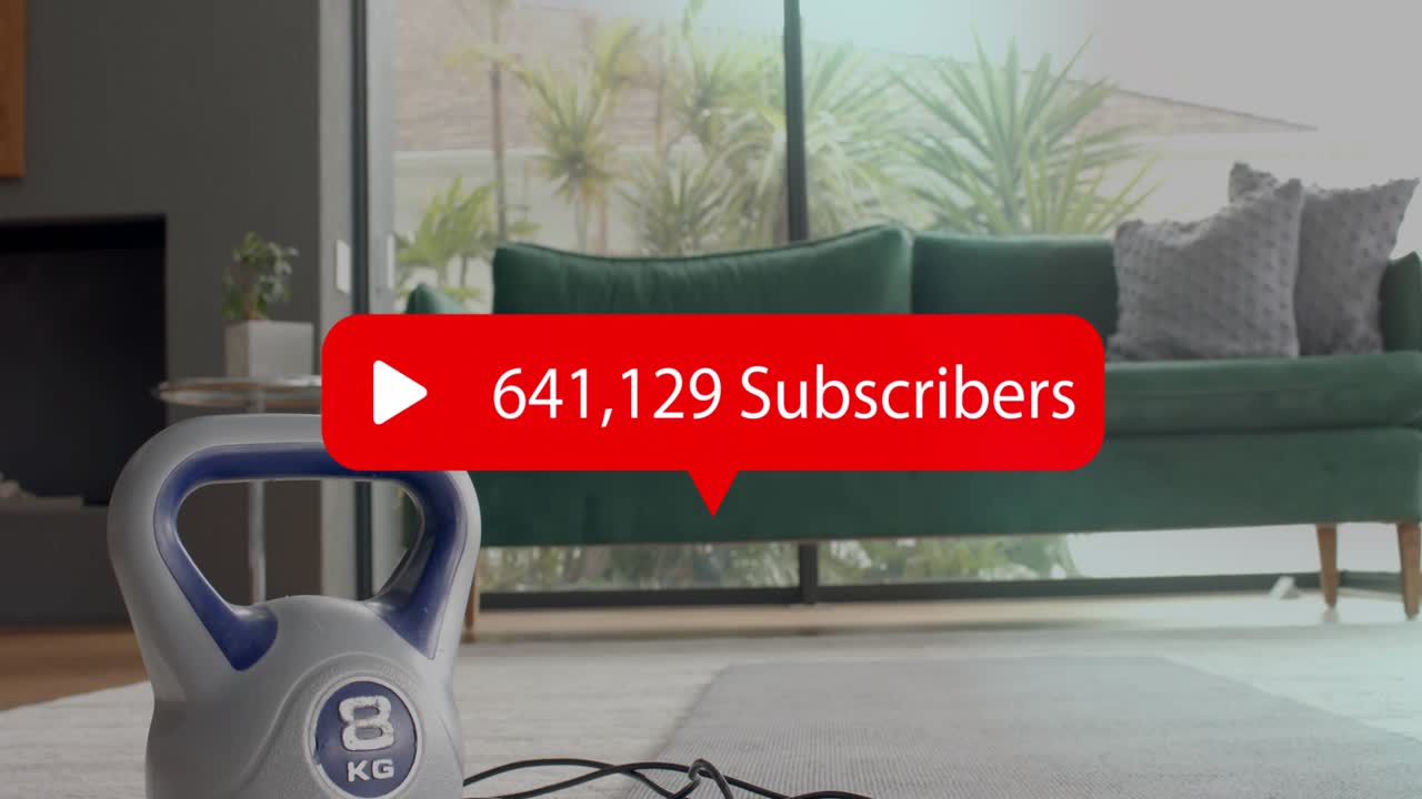 Subscriber graphic sliding in on milestone kettlebell staying left while counts rising to show gain