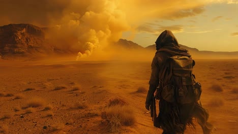 lone traveler in a dystopian desert landscape