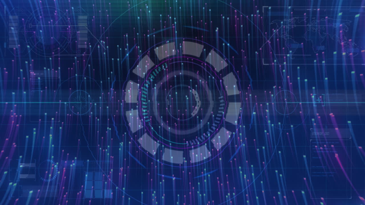 Animation of glitch and processing over lights moving on navy background