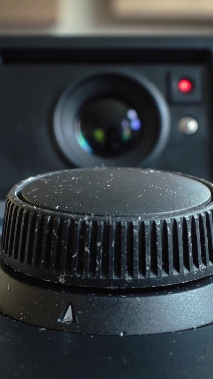 Vertical video: Pulling focus camera revealing black ridged knob on rack, showing red LED and lens
