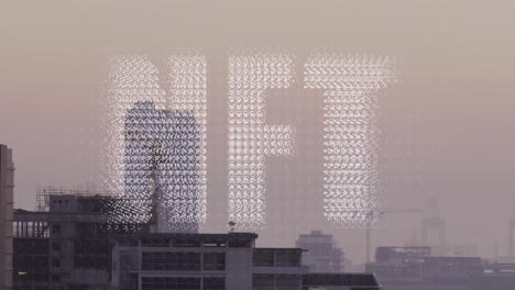 Animation-of-white-particles-forming-a-nft-text-banner-against-aerial-view-of-cityscape