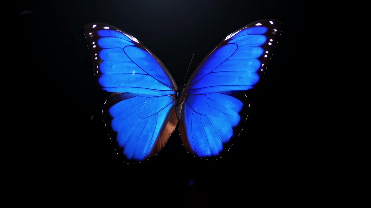 Farfalla Morpho blu che vola contro uno sfondo scuro