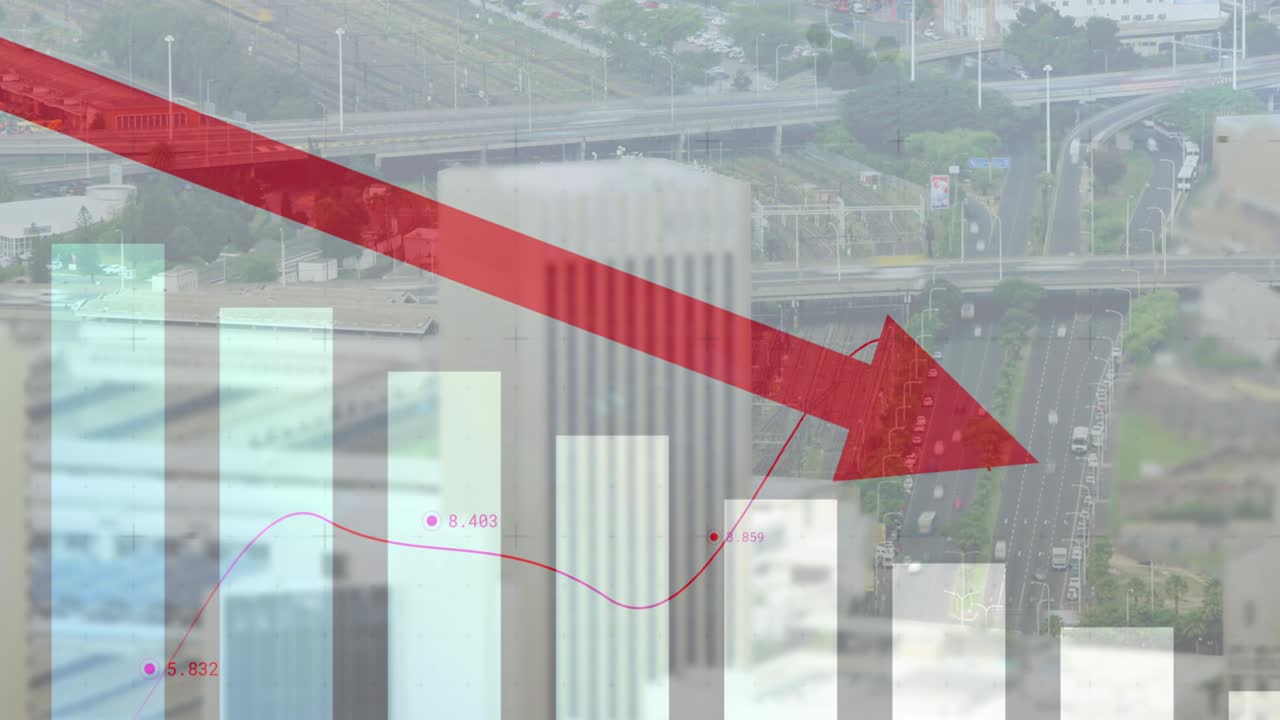 배경에 있는 도시 풍경 위에 있는 화살표와 그래프의 애니메이션