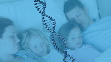 animation of 3d dna strand spinning and molecules floating over sleeping family