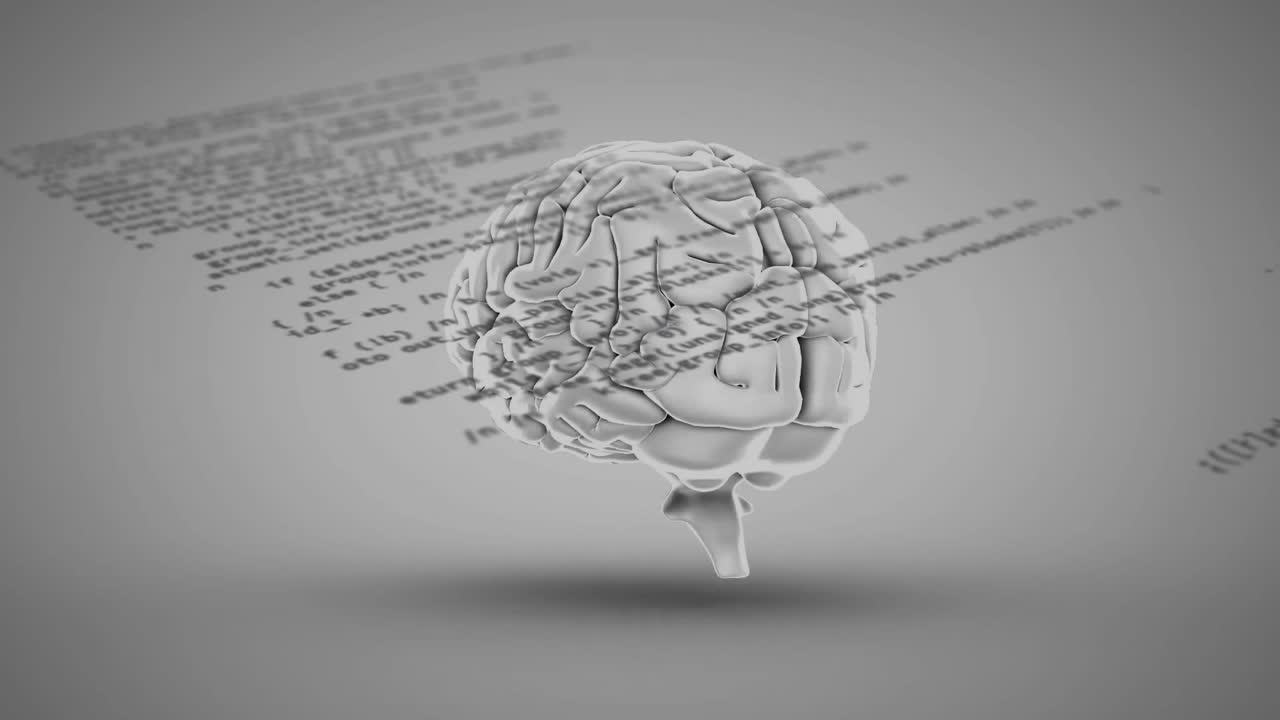 Floating detailed 3D brain model hovering above gradient grey backdrop, with blurred code fragments