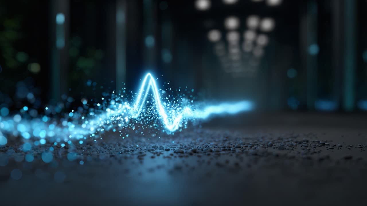 Visuelle Darstellung einer dynamischen Energiewelle mit funkelnden Partikeln in einer futuristischen Umgebung, die Fluss und Bewegung in abstraktem Design demonstriert