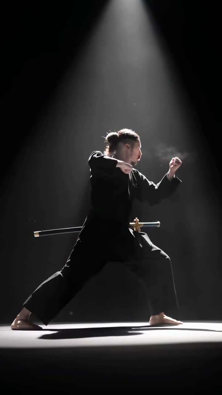 Ripresa dinamica dall'angolazione laterale di un artista marziale in azione, illuminato in una scena video drammatica.
