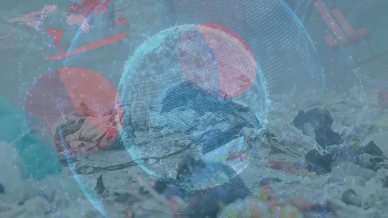 Animación de un globo terráqueo con estadísticas y procesamiento de datos sobre una excavadora en un terreno baldío