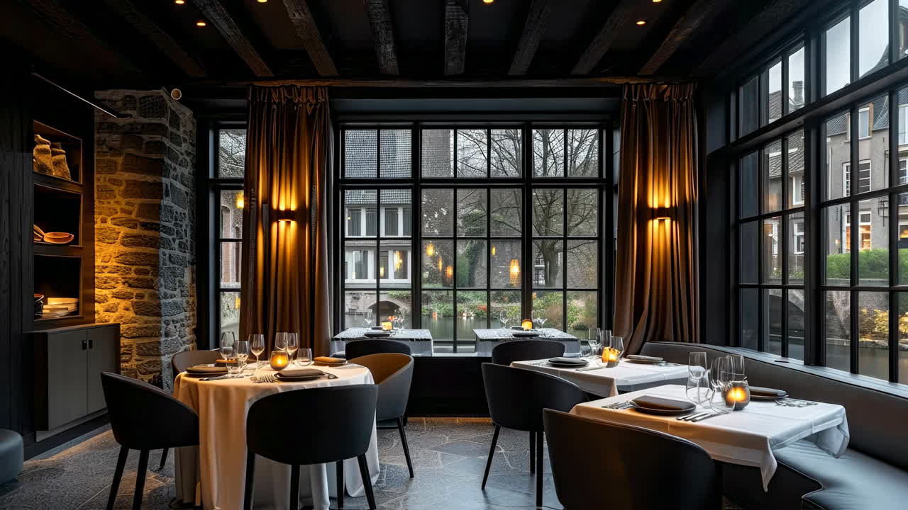 Cozy dining with a scenic river view. Guests enjoy a cozy dining experience beside a large window overlooking a peaceful river and historical buildings