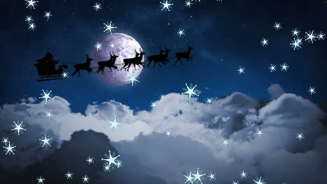 digital animation of multiple stars moving against black silhouette of santa claus in sleigh