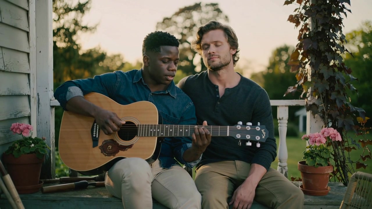 Strumming guitarist in denim shirt playing acoustic guitar on porch at sunset sharing quiet moment