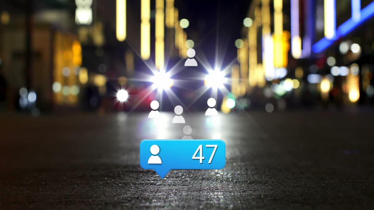 Social media follower bubble rising over wet asphalt with floating icons and blurred headlights