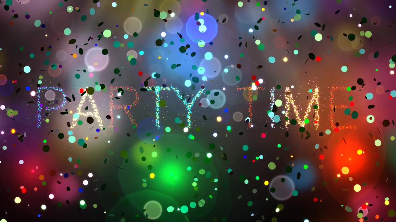 De fonkelende tekst "Party time" verschijnt tussen kleurrijke vallende confetti en gloeiende bokeh-lichtjes in deze feestelijke loop