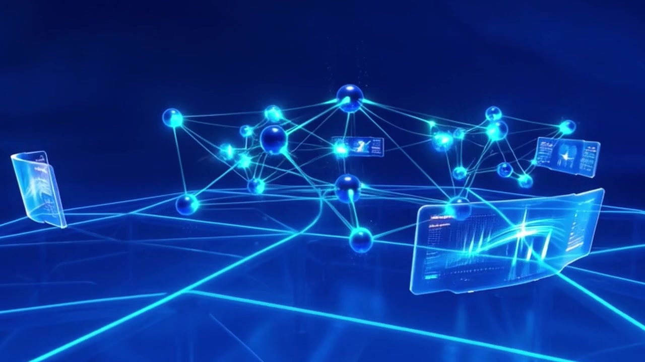 Digital Network Connection with Floating Data Panels and Glowing Nodes