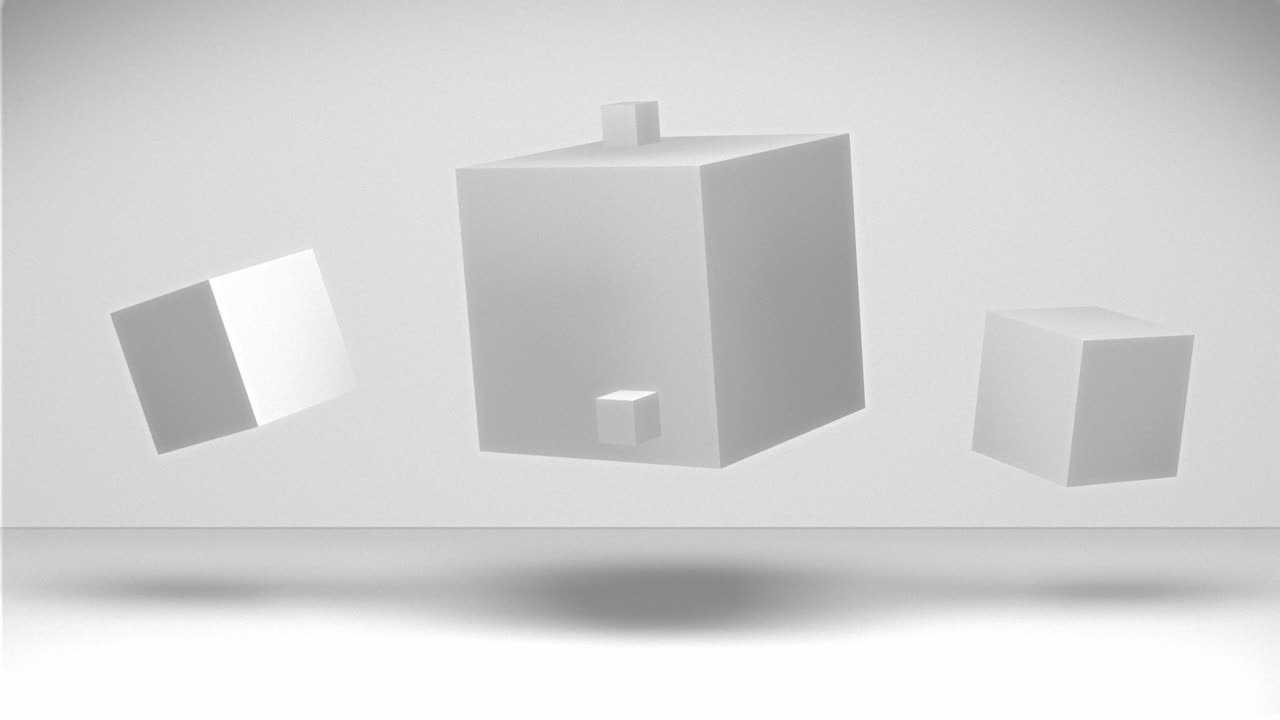 Continuous animation featuring three abstract white cubes floating in the air, casting shadows on the blue floor, while a cluster of smaller cubes moves around a central cube.