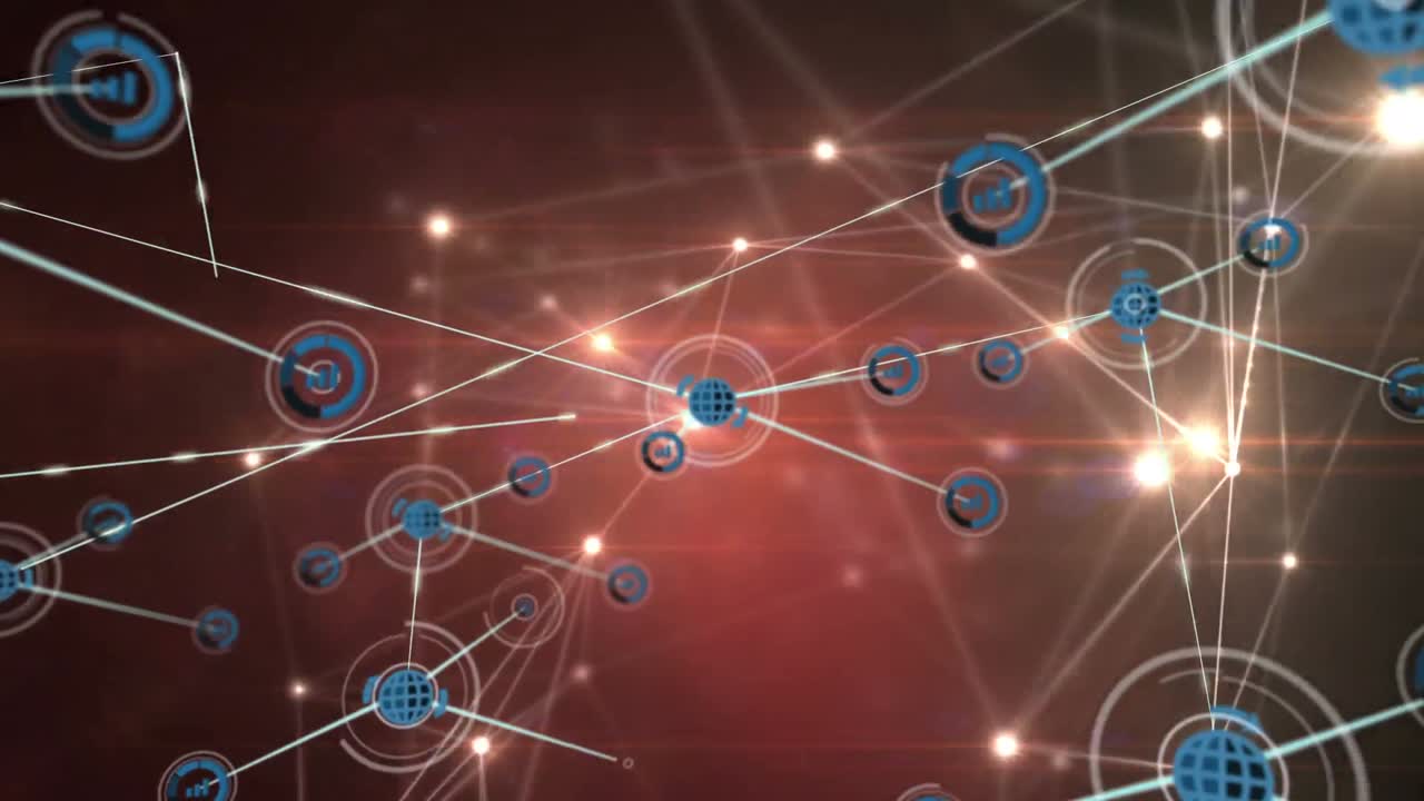 animación de la red de conexiones con iconos sobre fondo negro y rojo