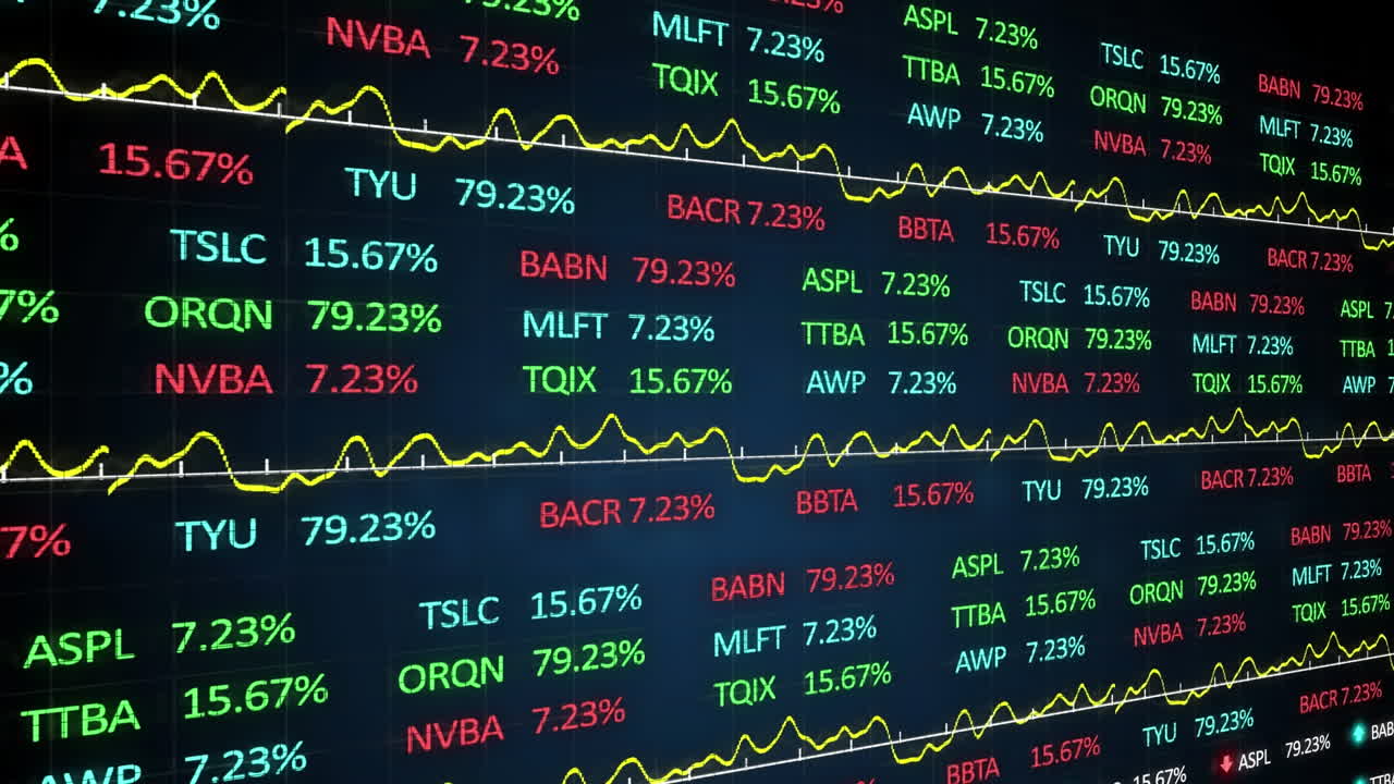 Animazione di elaborazione di dati di borsa su sfondo blu