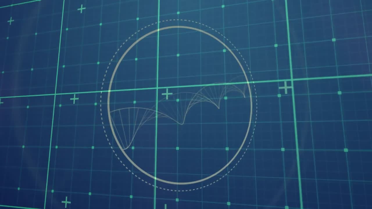 원형 스캐너와 그리드 위에 회전하는 헬릭스를 형성하는 입자의 애니메이션