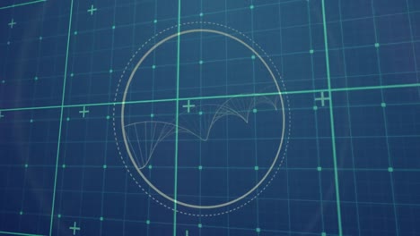 animación de escáner circular y partículas que forman una hélice girando sobre la rejilla