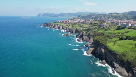 Green-Coast-and-Cliffs-in-Bermeo,-Bay-of-Biscay,-Basque-Country,-North-Spain---Aerial-4k