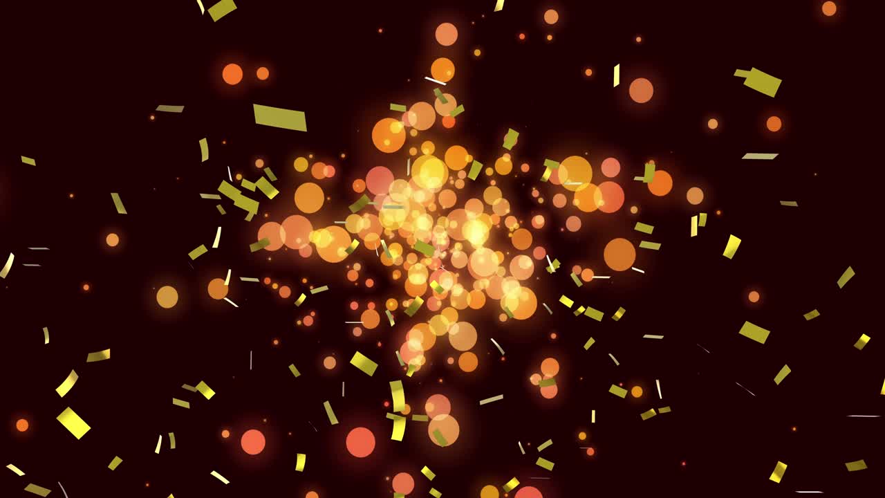 Animation of gold confetti falling over glowing lights in background