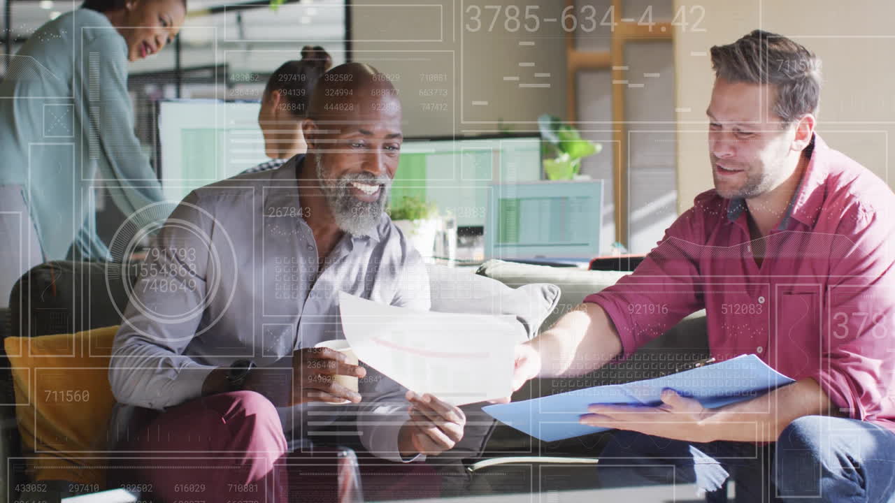 Discussing documents, diverse colleagues with digital data processing animation overlay