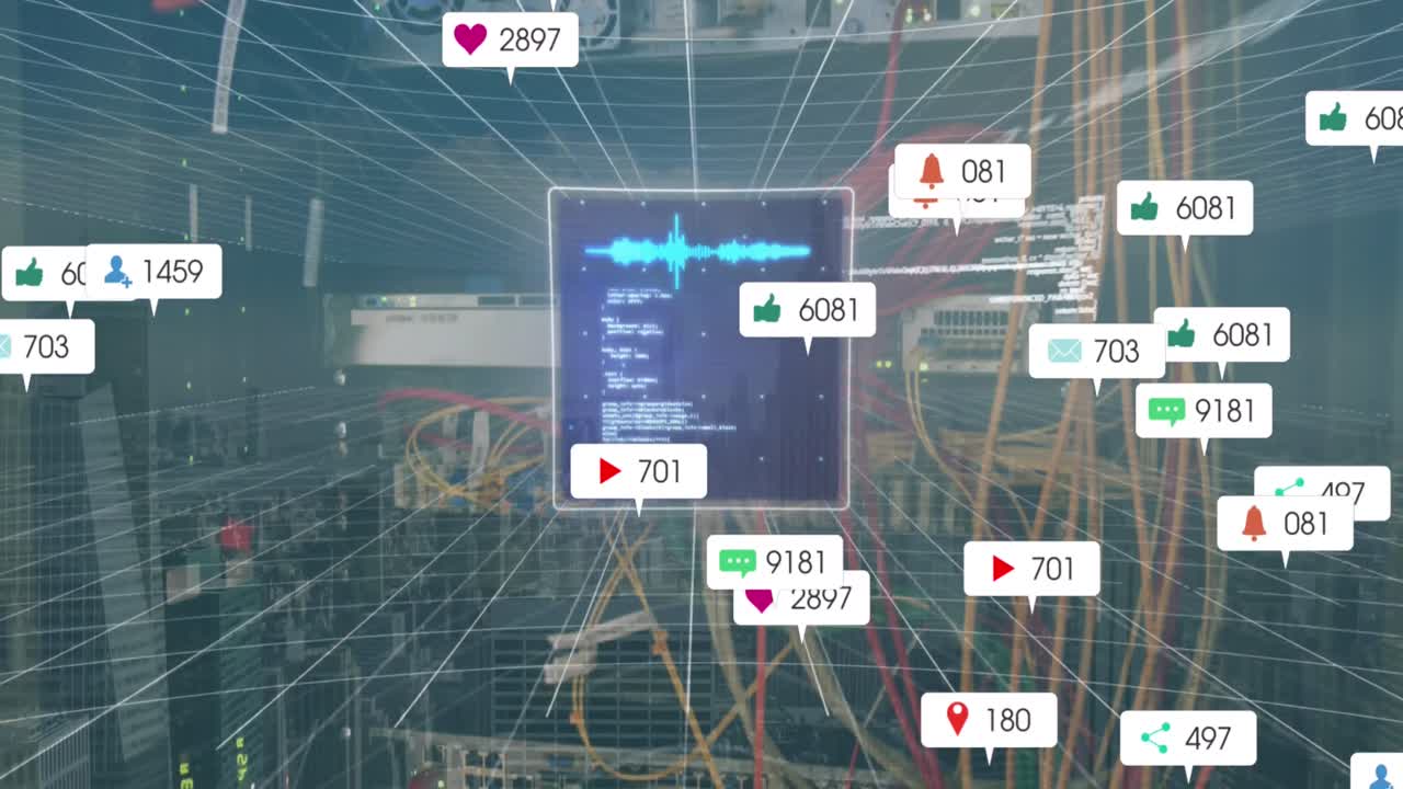 컴퓨터 서버를 통해 소셜 미디어 데이터 처리의 애니메이션