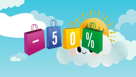 animation of minus 50 percent on multi coloured shopping bags and sun on sky