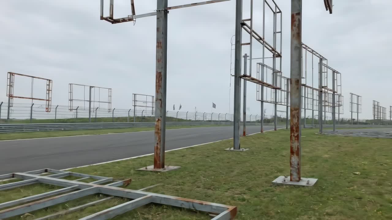 Giornata nuvolosa su una pista da corsa vuota fiancheggiata da cornici di cartelloni pubblicitari