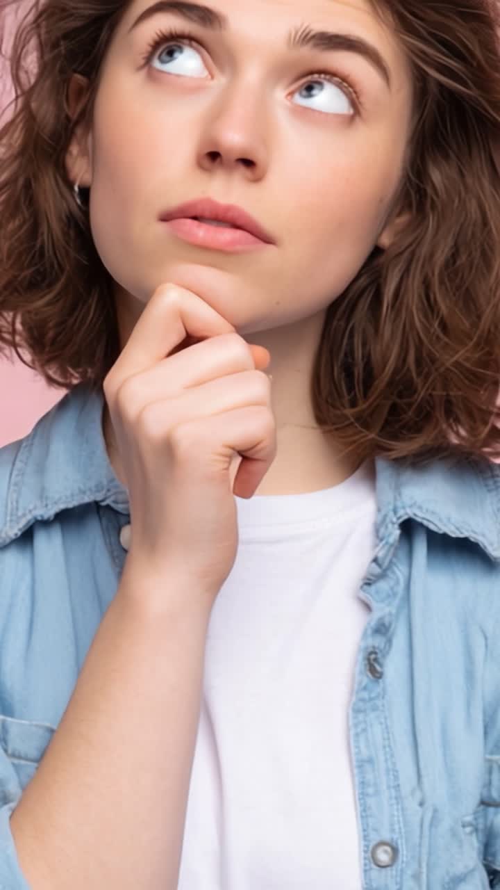 Una Donna Pensierosa che Riflette su Idee su uno Sfondo Rosa Tenue, Catturando un Momento di Riflessione e Curiosità con una Postura Espressiva e Espressioni Facciali Coinvolgenti