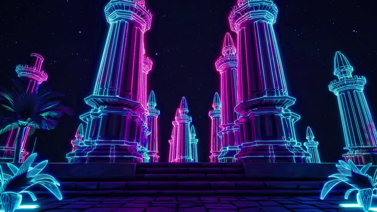 неоновая киберпанк-архитектура ночью