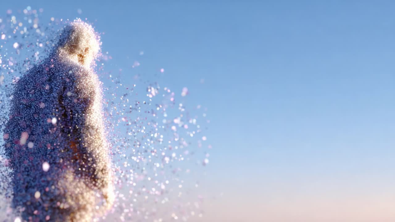 A Surreal Transformation: The Ethereal Journey of a Figure Disappearing into a Colorful Mist Against a Serene Sky