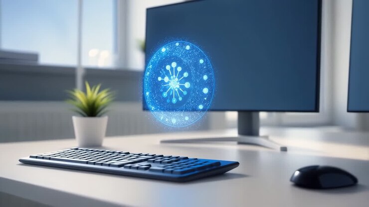 Modern Office Desk with Digital Network Display on Monitor
