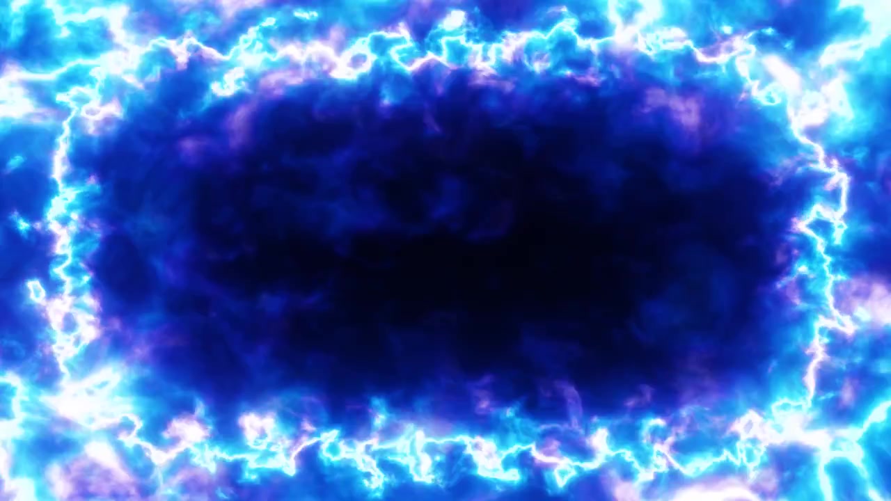 Cornice di portale energetico blu luminoso con effetti di fumo e fulmini