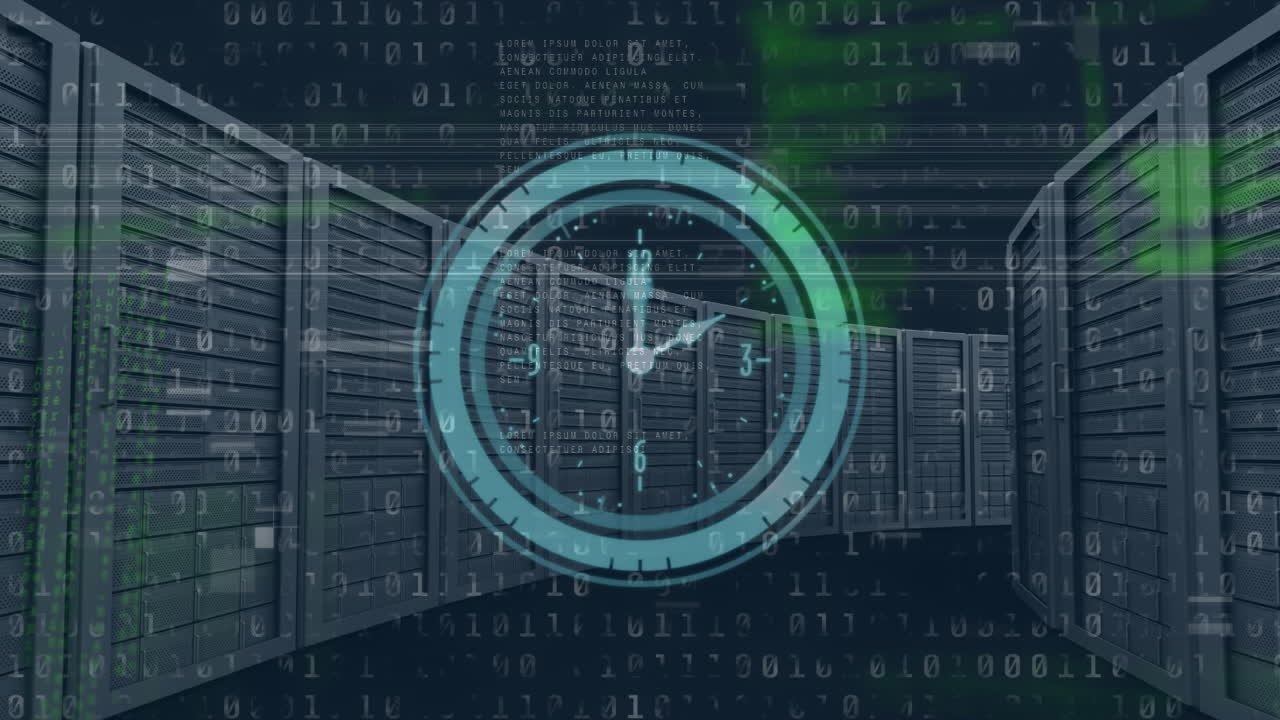 Animation of data processing and clock over server room