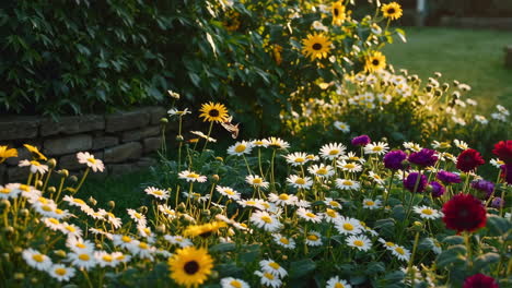 beautiful summer garden with sunflowers and daisies