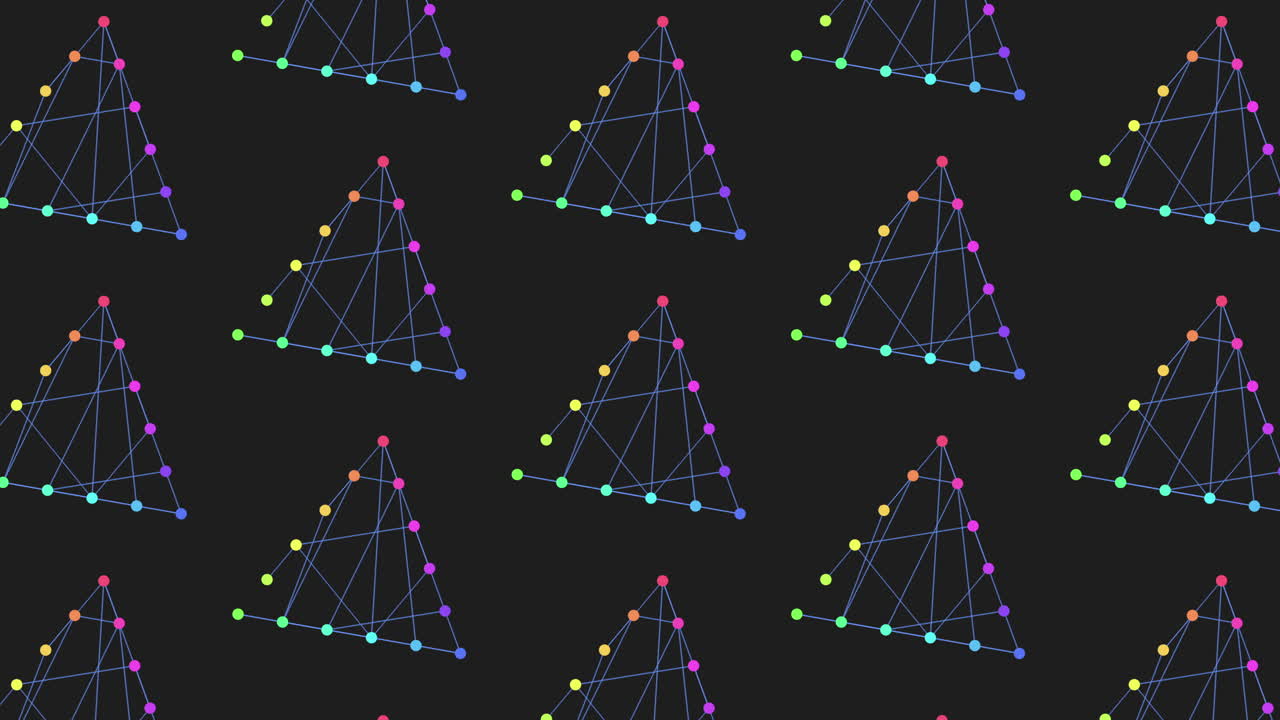 Abstract network triangles with colorful nodes on dark background, seamless pattern