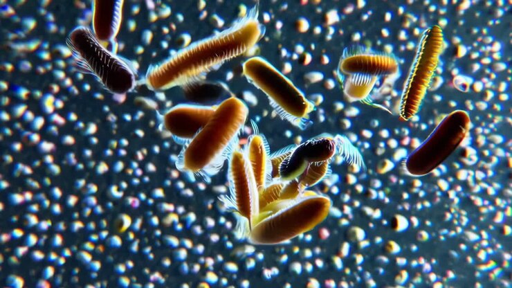 Vista microscopica di microrganismi simili a batteri