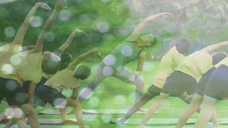 composite of diverse group of children and instructor doing exercises, and moving trees