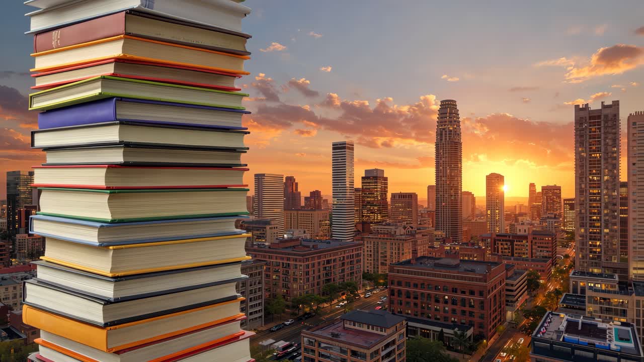 Pila di libri con vista su una città al tramonto