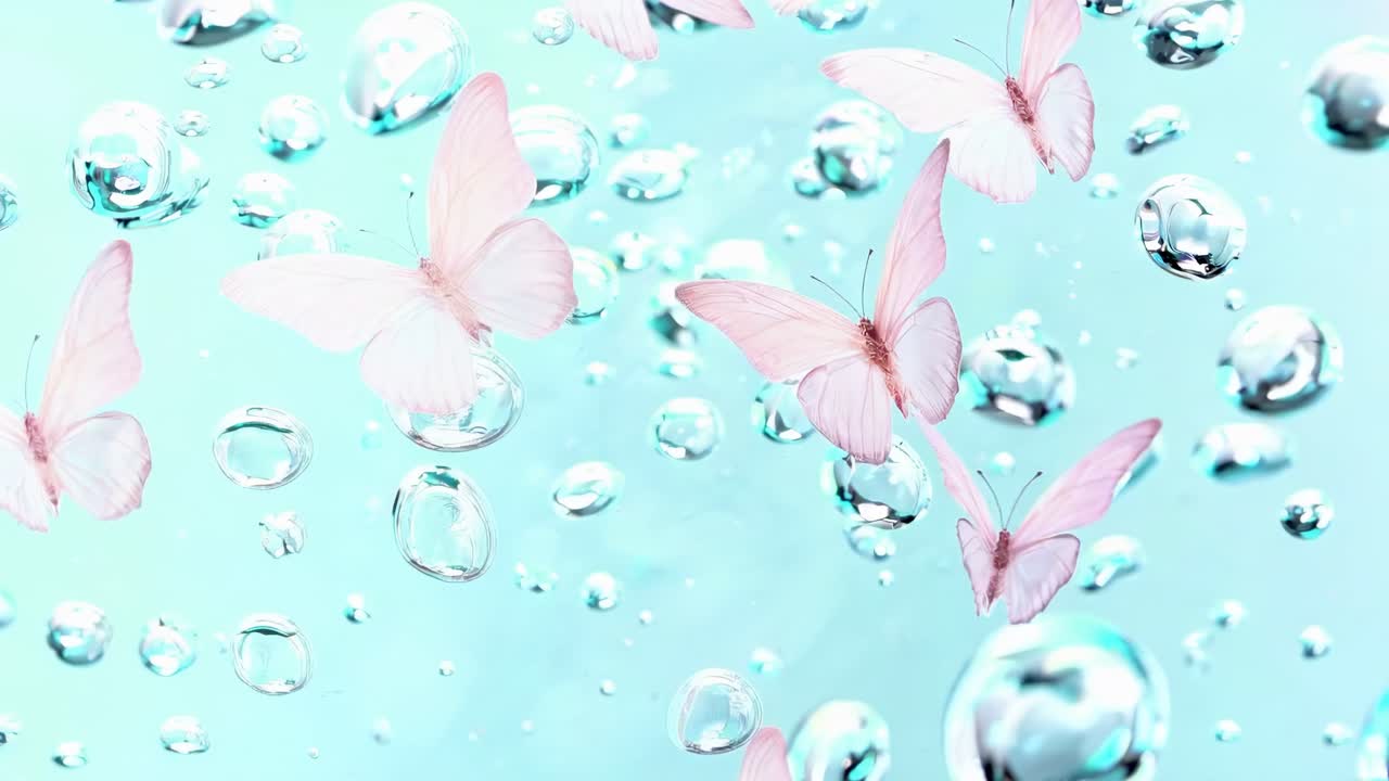 Aerial view of delicate pink butterflies floating among clear bubbles on a turquoise background