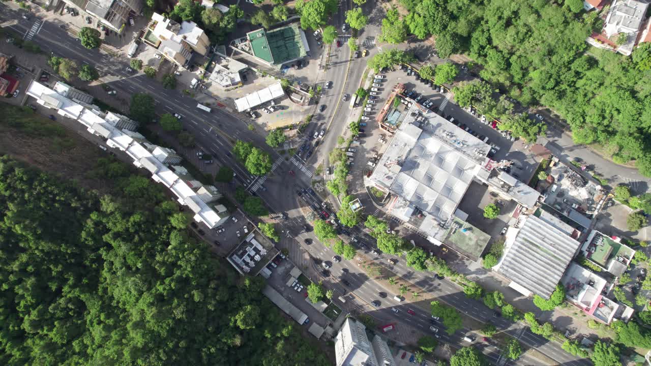 Zenith aerial of main avenue intersections in El Cafetal, Caracas city grid visible