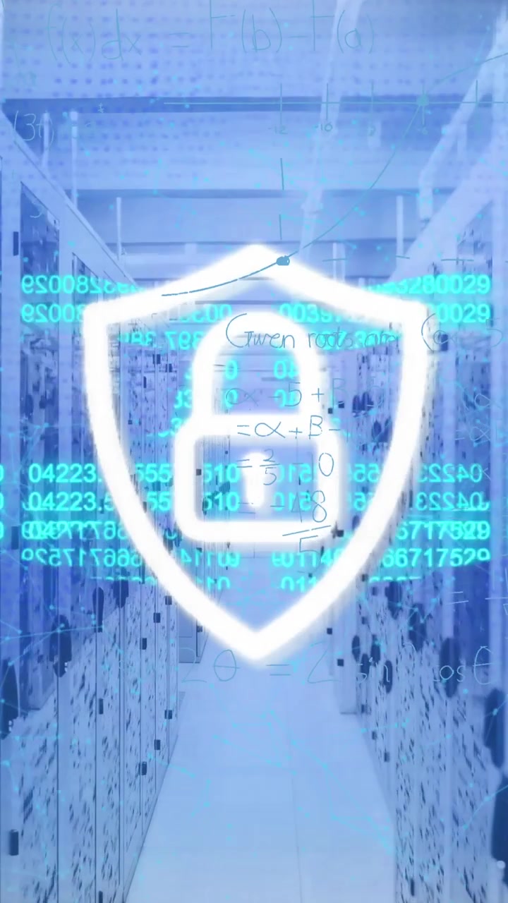 Animation of padlock in shield, numbers forming blockchain over server room
