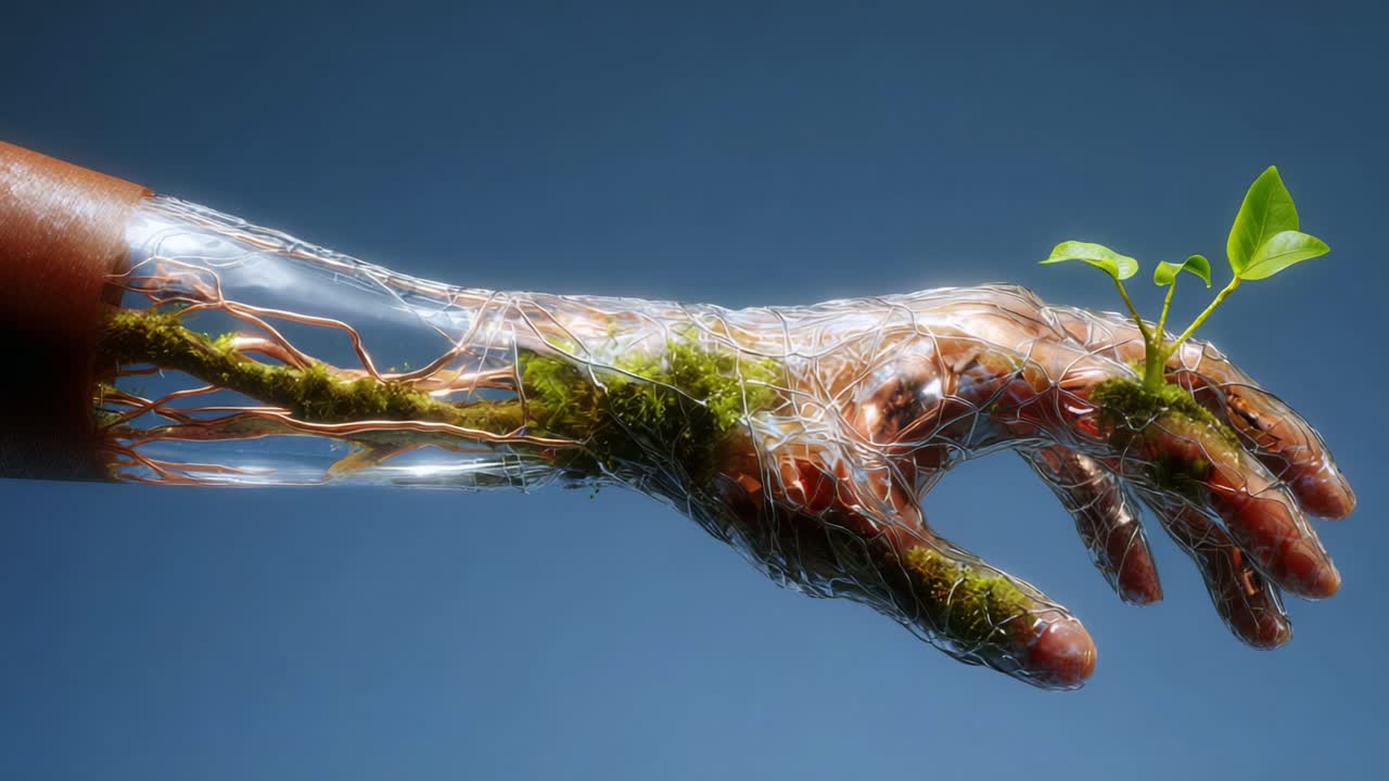 Futuristic Bio-Integration: A Stunning Representation of Nature and Technology Merging Through a Unique Robotic Arm Nurturing New Growth with Plant Life and Roots