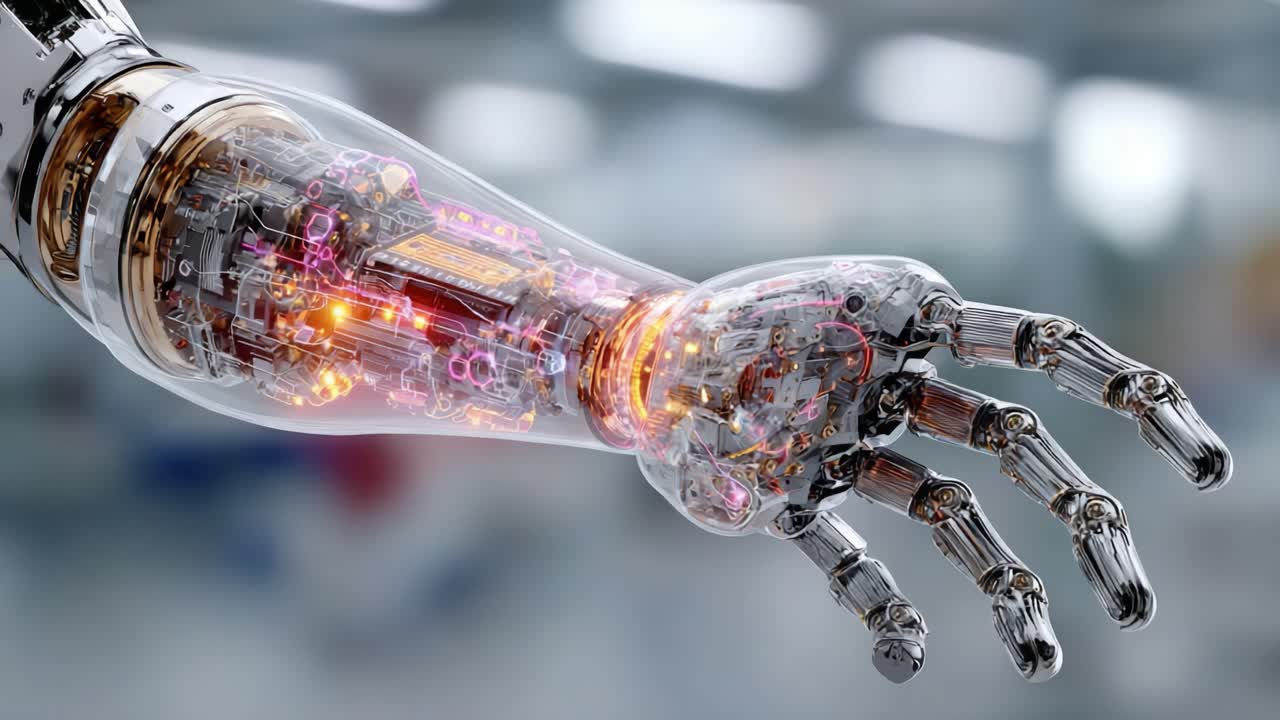 Un braccio robotico futuristico che mostra intricati componenti meccanici e cablaggi illuminati in un ambiente ad alta tecnologia.